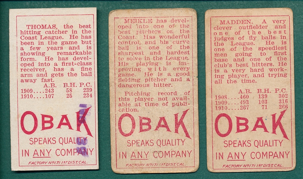1911 T212-3 Madden, Mielke and Thomas, Obak Cigarettes, Lot of (3) 