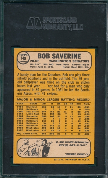 1968 Topps #149 Bob Saverine SGC 10 *Gem Mint*