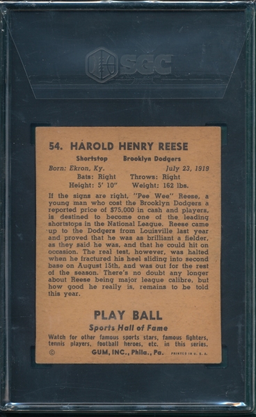 1941 Play Ball #54 Pee Wee Reese SGC Authentic *Rookie*