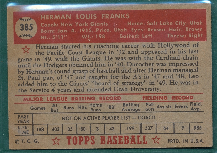 1952 Topps #385 Herman Franks *Hi #*