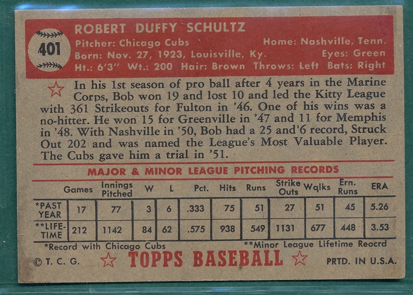 1952 Topps #401 Bob Schultz *Hi #*
