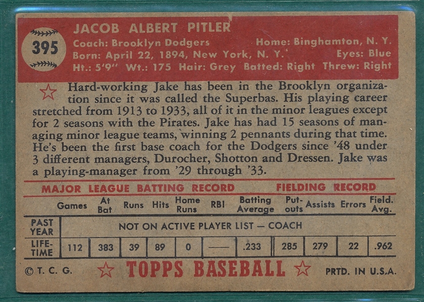 1952 Topps #395 Jake Pitler *Hi #*
