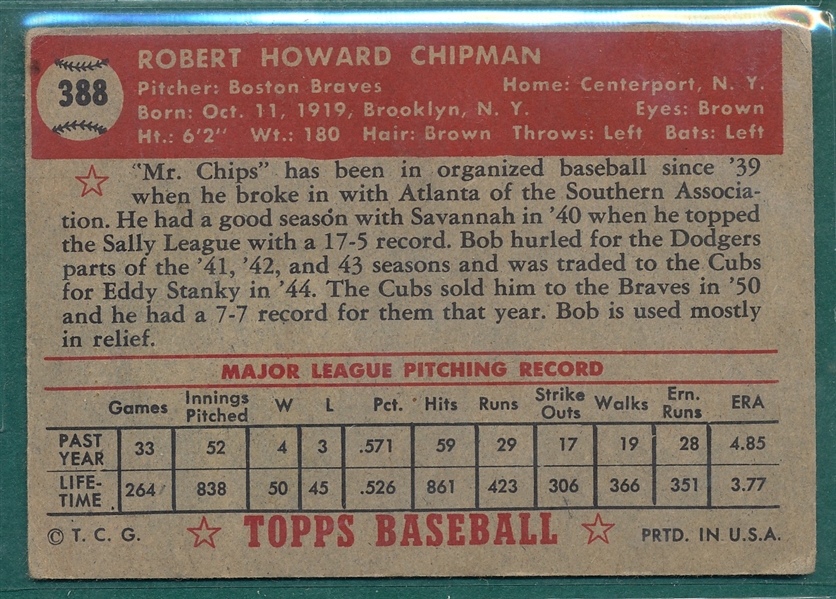 1952 Topps #388 Bob Chipman *Hi #*