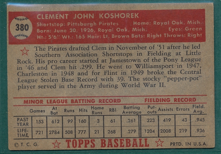 1952 Topps #380 Clem Koshorek *Hi #*