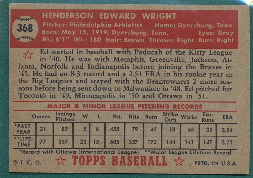 1952 Topps #368 Ed Wright *Hi #*