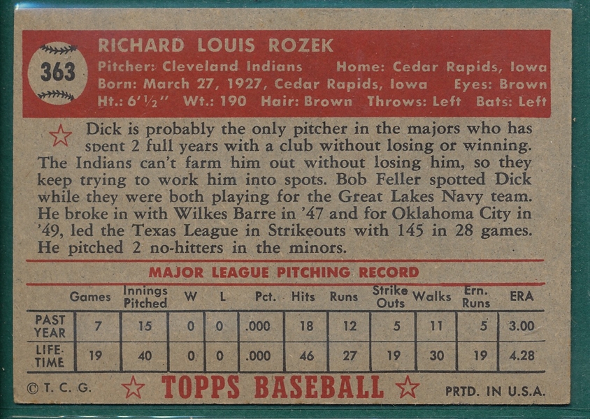 1952 Topps #363 Dick Rozek *Hi #*