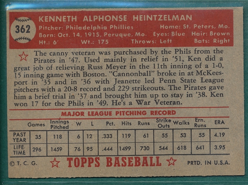 1952 Topps #362 Ken Heintzelman *Hi #*