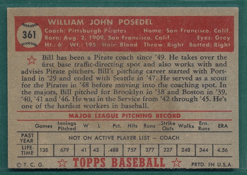1952 Topps #361 Bill Posdell *Hi #* 