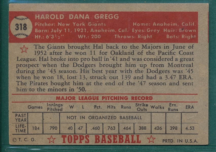 1952 Topps #318 Hal Gregg *Hi #*