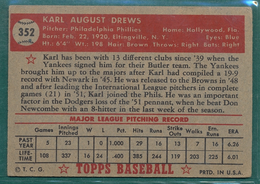 1952 Topps #352 Karl Drews *Hi #*