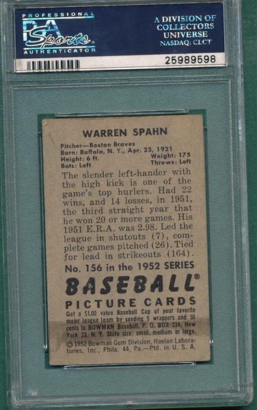 1952 Bowman #156 Warren Spahn PSA 4