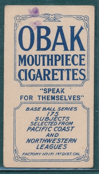 1910 T212-2 Brashear, R., Obak Cigarettes 