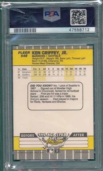 1989 Fleer #548 Ken Griffey Jr. PSA 9 *Rookie*