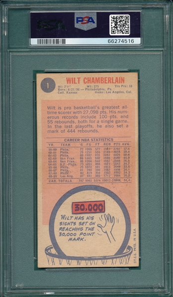 1969 Topps Basketball #1 Wilt Chamberlain PSA 3