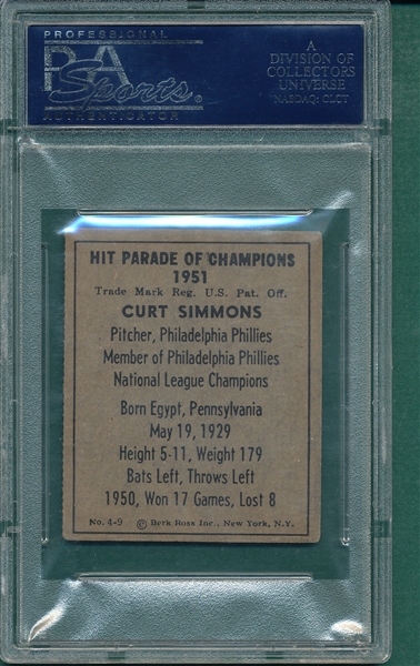 1951 Berk Ross #4-9 Curt Simmons PSA 4 *Autographed*