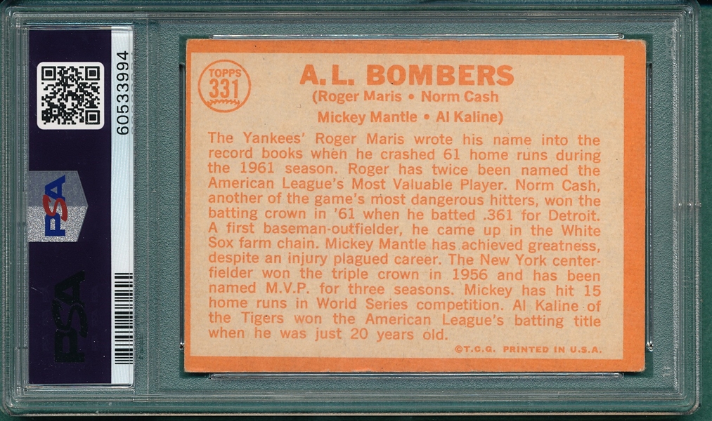 1964 Topps #331 AL Bombers W/ Mantle PSA 3