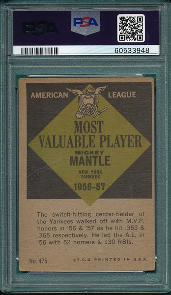 1961 Topps #475 Mickey Mantle, MVP, PSA 3.5