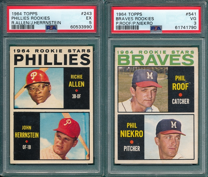 1964 Topps #243 Allen & #541 P. Niekro, Lot of (2) Rookies, PSA 