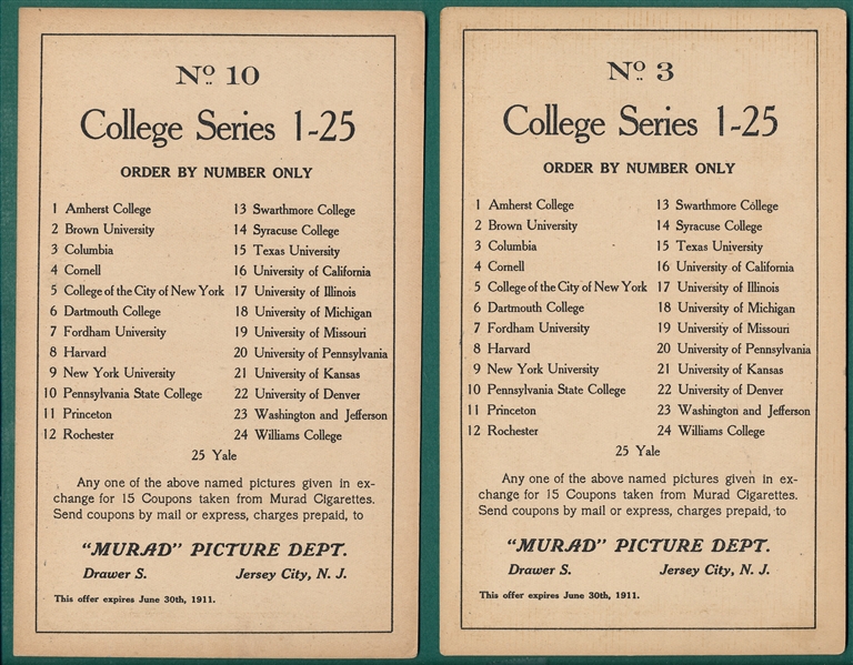 1910 T6 College Series Murad Cigarettes #3 Columbia & #10 Penn State, Baseball, Lot of (2)