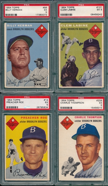 1954 Topps Lot of (4) Dodgers W/ #86 Billy Herman, PSA 5