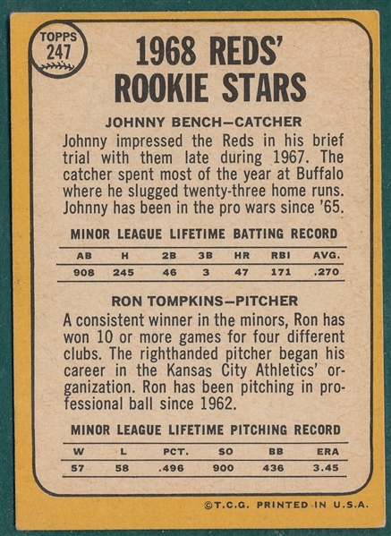 1968 Topps #247 Johnny Bench *Rookie*