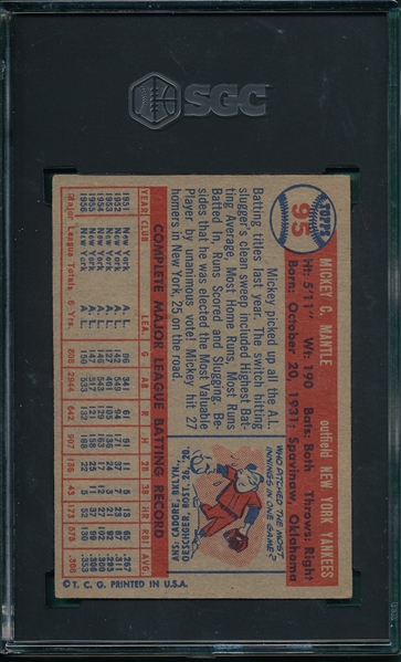 1957 Topps #95 Mickey Mantle SGC 3 *Presents Better*