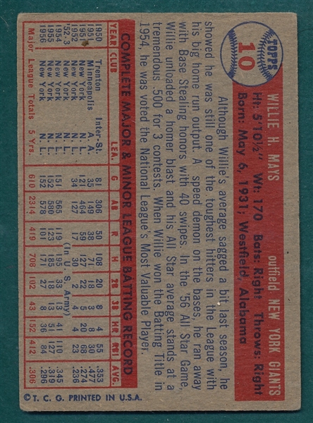 1957 Topps #10 Willie Mays 