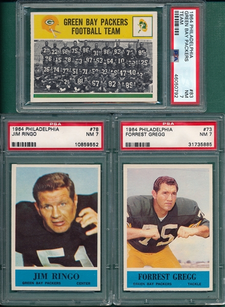 1964 Philadelphia Football Packers, #73 Gregg, #78 Ringo & #83 Team, Lot of (3) PSA 7