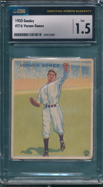 1933 Goudey #216 Vernon Gomez CSG 1.5