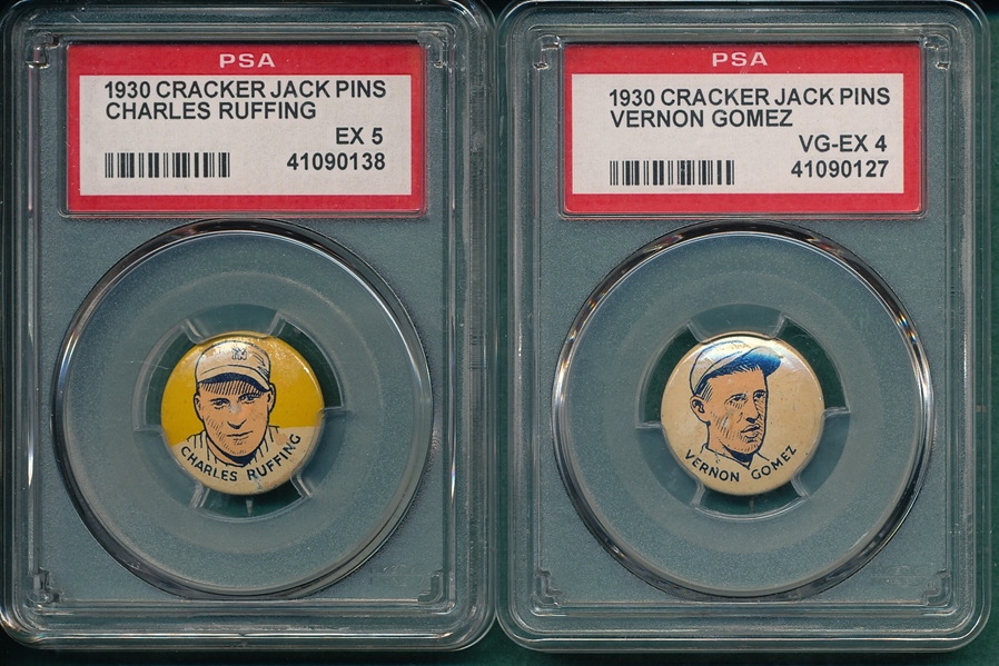 1930 Cracker Jack Pins Gomez & Ruffing, Lot of (2) PSA