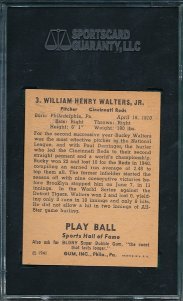 1941 Play Ball #3 Bucky Walters SGC 5.5