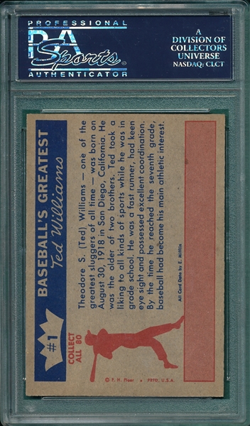 1959 Fleer Ted Williams #1 The Early Years, PSA 8