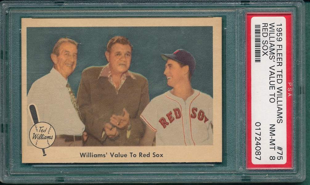 1959 Fleer Ted Williams #75 Williams Value To Red Sox W/ Babe Ruth, PSA 8