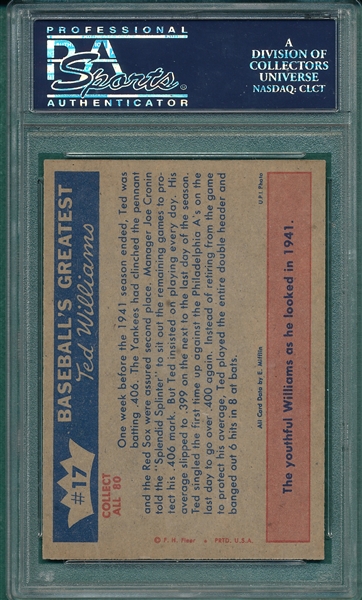 1959 Fleer Ted Williams #17 1941 - How Ted Hit .400, PSA 8
