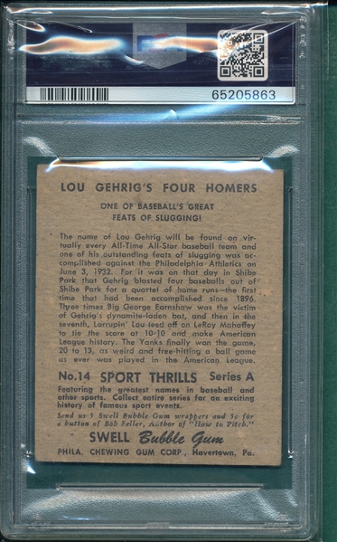 1948 Swell #14 Great Slugging W/ Gehrig, Sport Thrills, PSa 1