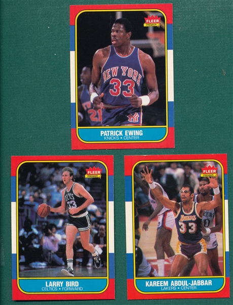 1986 Fleer Abdul-Jabbar, Bird & Ewing, Rookie, Lot of (3)