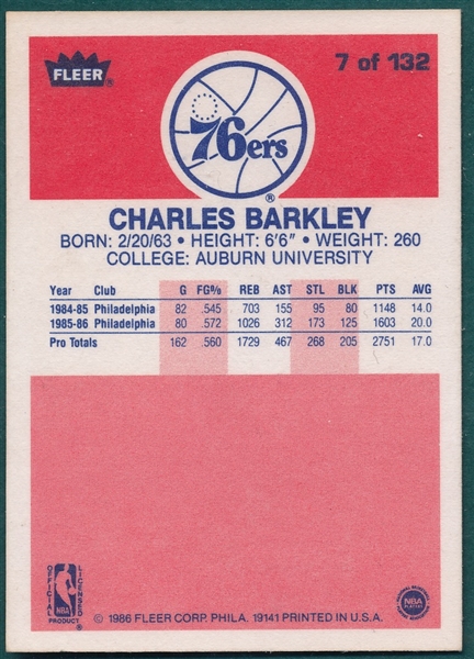 1986 Fleer #7 Charles Barkley *Rookie*