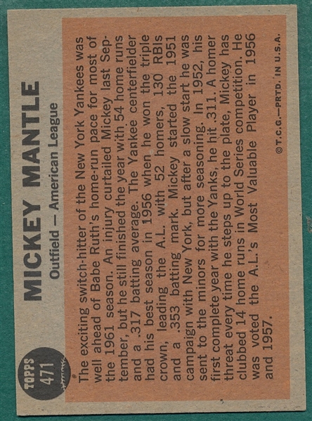 1962 Topps #471 Mickey Mantle, All Star