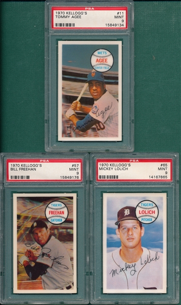 1970 Kellogg's #11 Agee, #57 Freehan, & #65 Lolich, Lot of (3), PSA 9