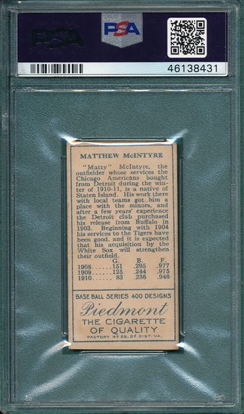 1911 T205 McIntyre Piedmont Cigarettes PSA 4