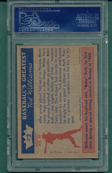 1959 Fleer Ted Williams #2 Ted's Idol W/ Babe Ruth, PSA 8