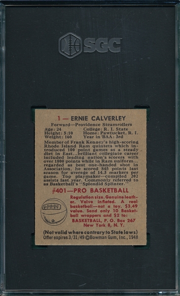 1948 Bowman Basketball #1 Ernie Calverley SGC 6