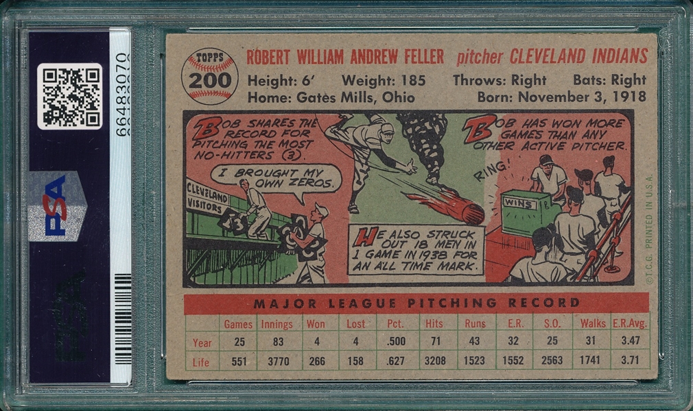1956 Topps #200 Bob Feller PSA 3