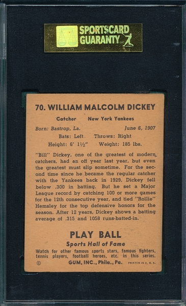 1941 Play Ball #70 Bill Dickey SGC 50