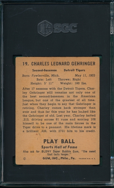 1941 Play Ball #19 Charley Gehringer SGC 3