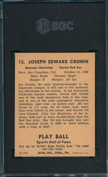 1941 Play Ball #15 Joe Cronin SGC 2.5