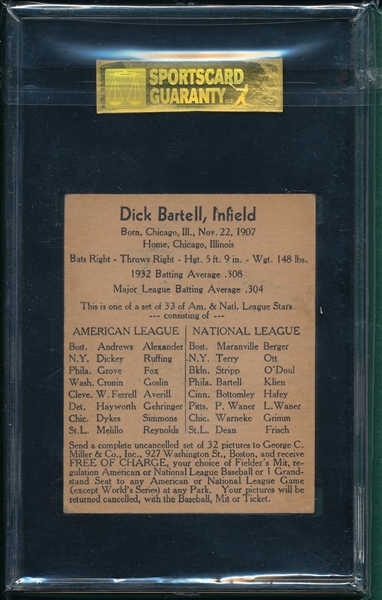 1933 George C. Miller Dick Bartell SGC 40 *Uncanceled*