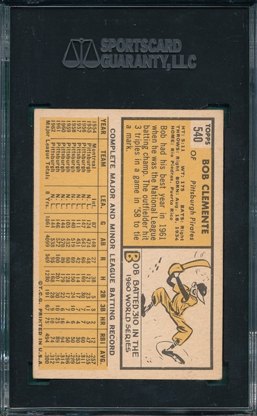 1963 Topps #540 Bob Clemente SGC 60