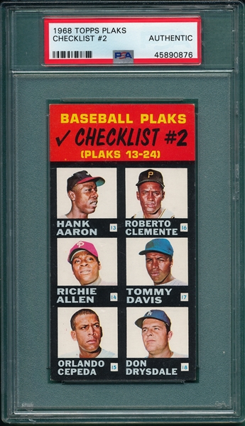 1968 Topps Plaks Checklist #2 W/ Aaron & Mays, PSA Authentic