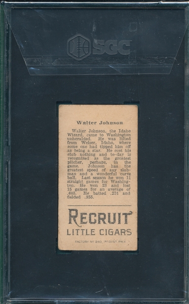 1912 T207 Walter Johnson Recruit Little Cigars SGC 1.5